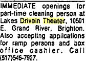 Lakes Drive-In Theatre - Help Wanted Ad 1960S